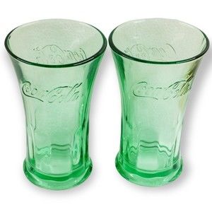 Coca-Cola Coke 2 Heavy Glass 16oz Green Flared Libbey Drinking Glasses Tumblers